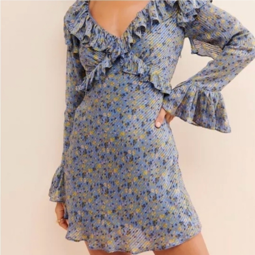 Free People Blue Floral Ruffle Mini Skirt